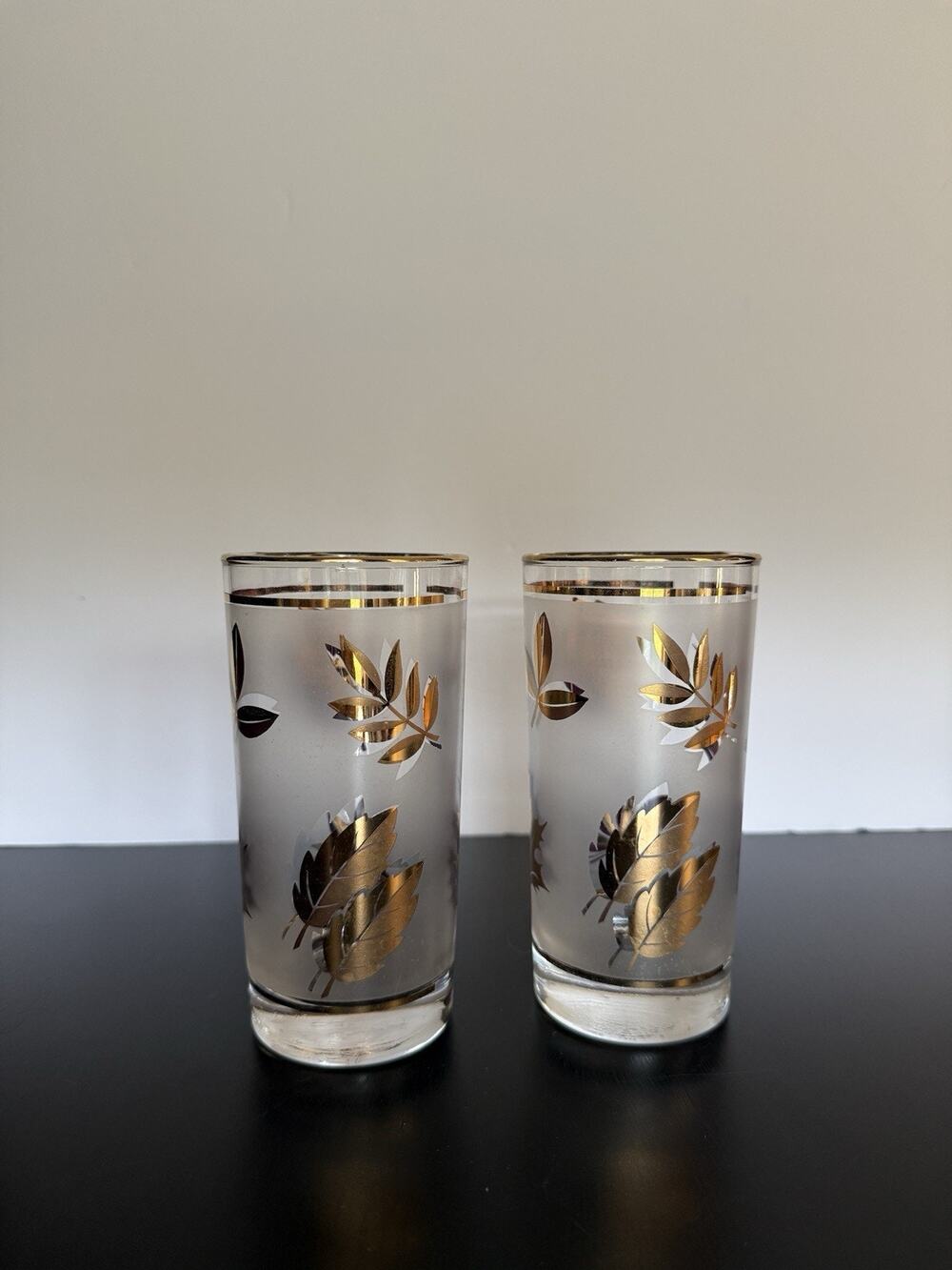 Set of 2 Vintage Libbey Frosted Golden Foliage Gold Leaf Glass Highball Glasses